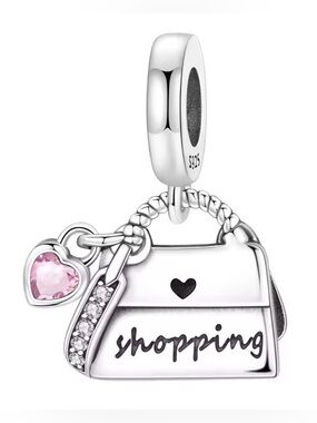 Silver & Sparkle 'Shopping' Purse Dangle Charm with Pink Heart Stone